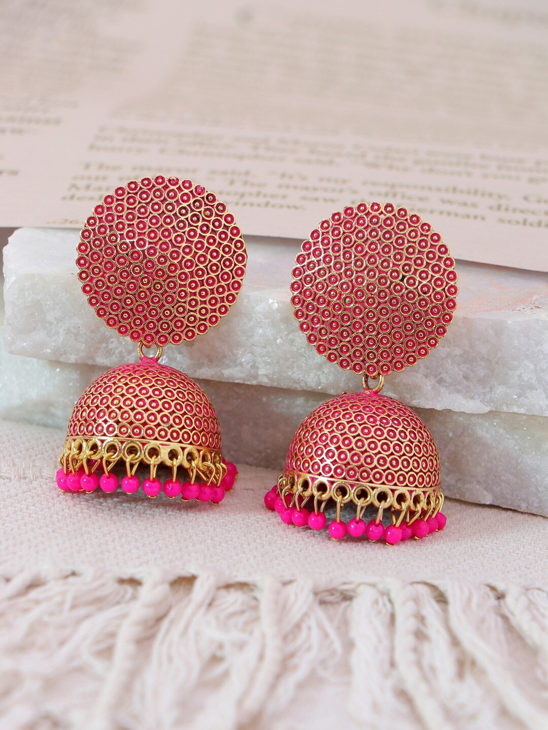 

Crunchy Fashion Pink & Gold-Plated Dome Shaped Jhumkas Earrings