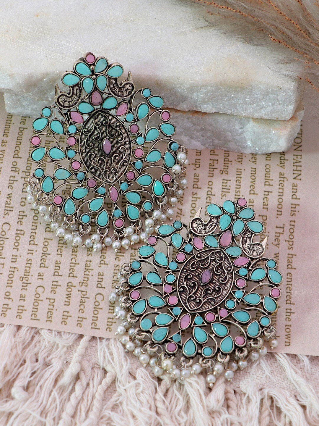 

Crunchy Fashion Sea Green & Purple Silver-Plated Oxidzed Classic Drop Earrings