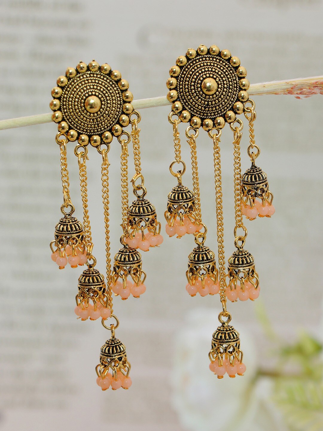 

Crunchy Fashion Peach & Gold-Plated Classic Jhumkas Earrings