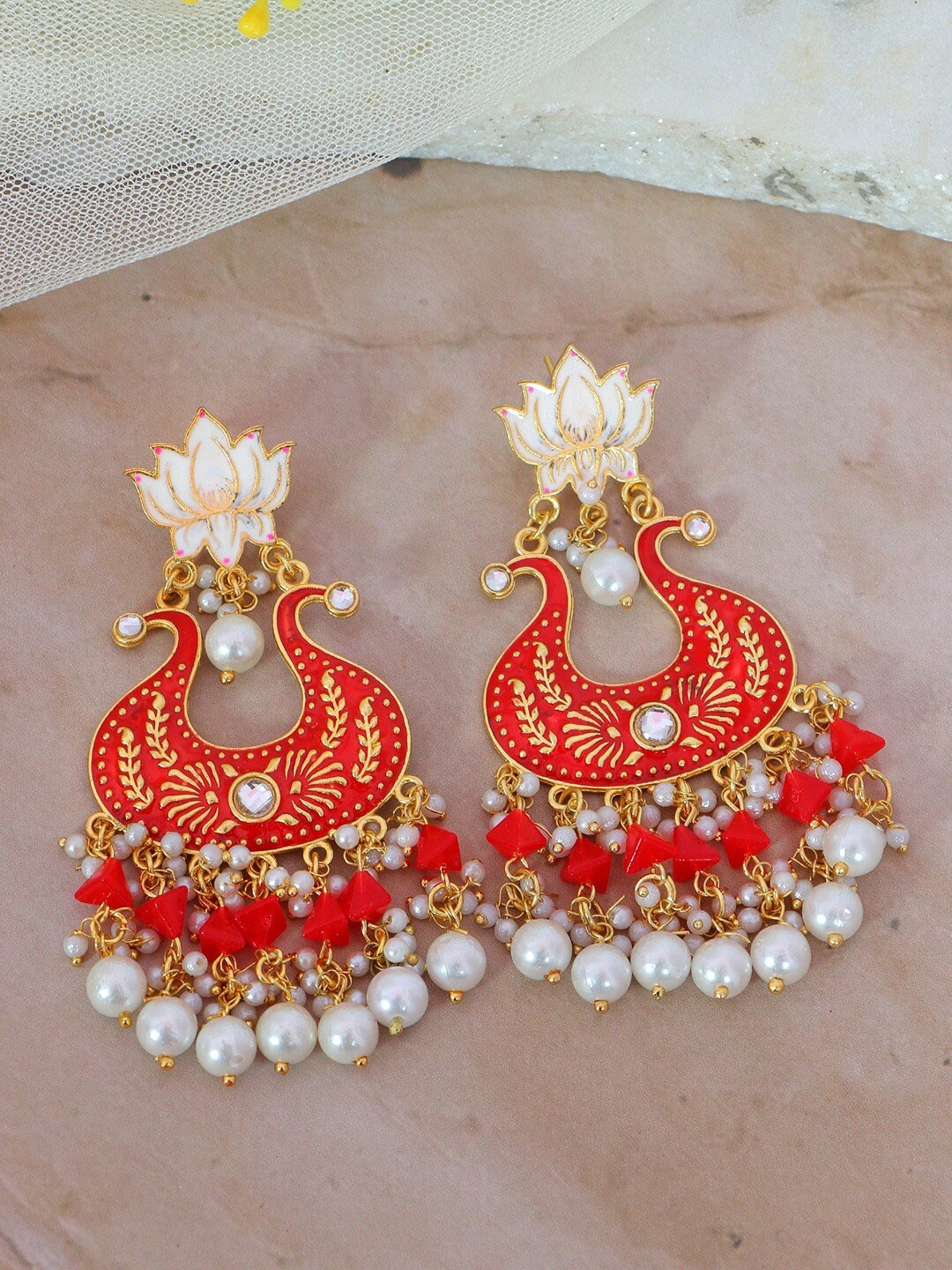 

Crunchy Fashion Red & White Kundan Studded Gold-Plated Drop Earrings