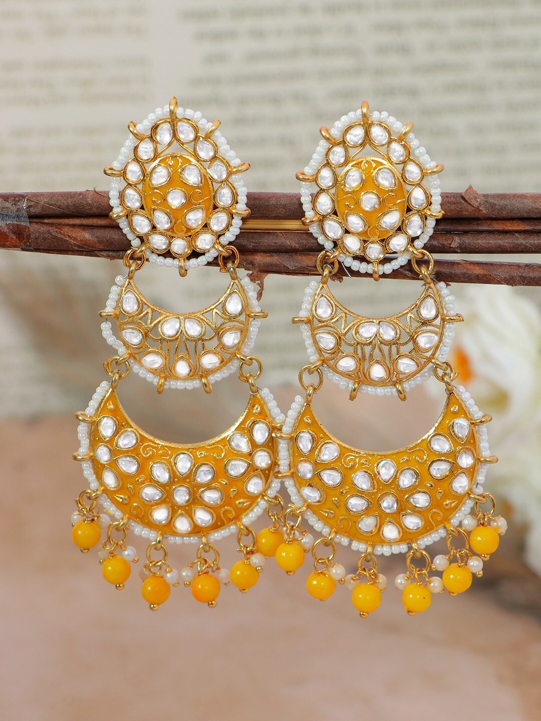 

Crunchy Fashion Yellow & White Pearl Studded Gold-Plated Chandbalis Earrings
