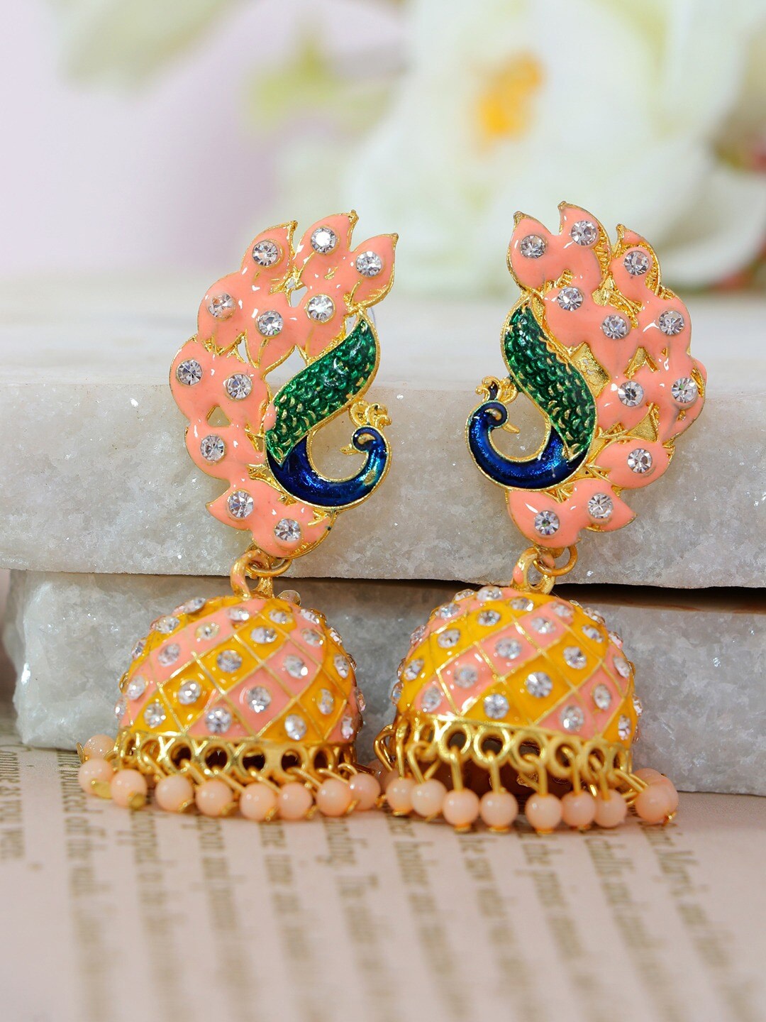 

Crunchy Fashion Peach-Coloured & Gold-Toned Stone Studded Gold-Plated Jhumkas Earrings