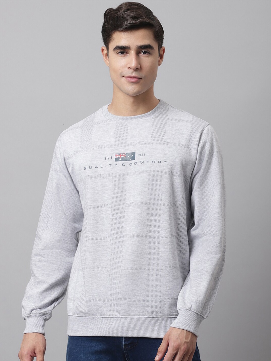 

Cantabil Men Grey Melange Printed Fleece Sweatshirt