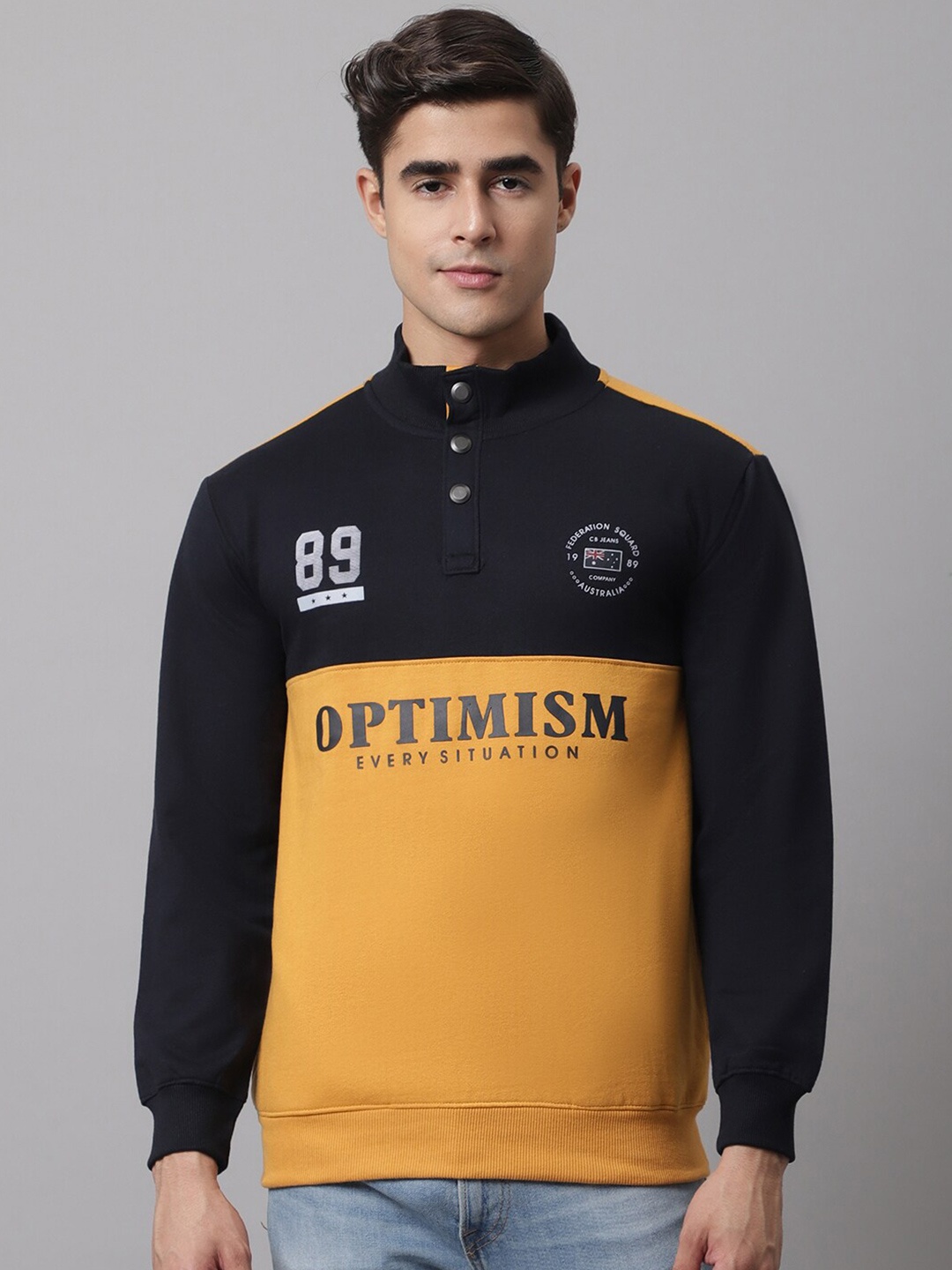 

Cantabil Men Mustard Colourblocked Fleece Sweatshirt