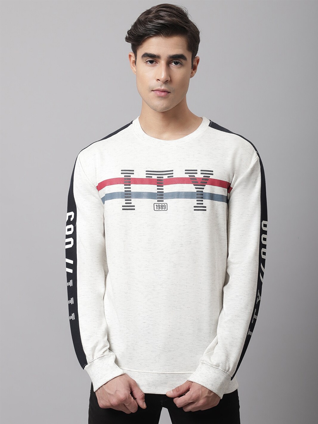 

Cantabil Men Off White Printed Fleece Sweatshirt