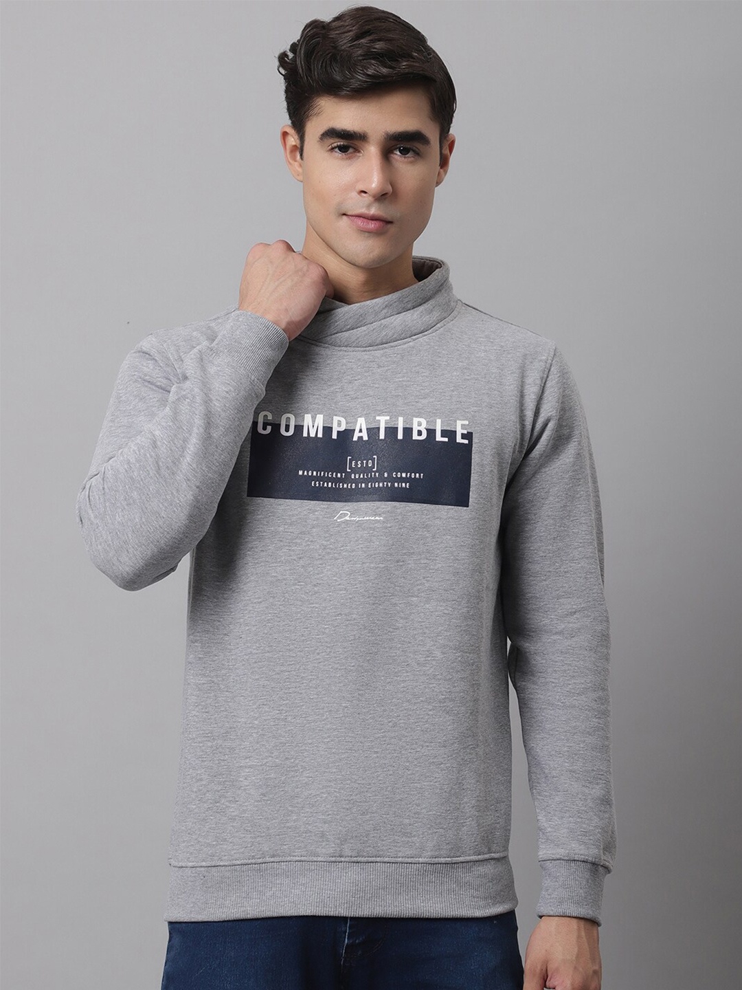

Cantabil Men Grey Melange Printed Fleece Sweatshirt