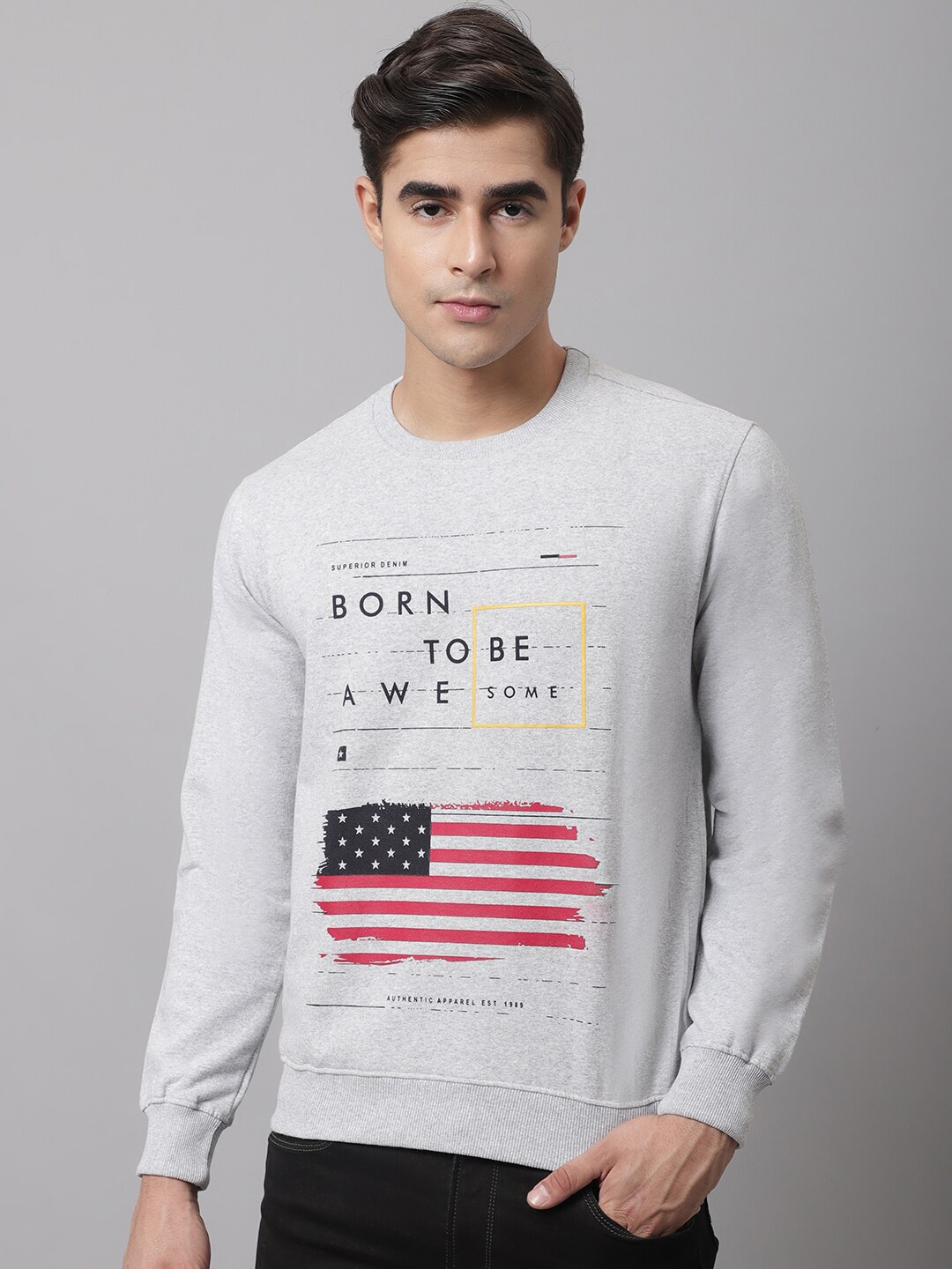

Cantabil Men Grey Melange Printed Fleece Sweatshirt