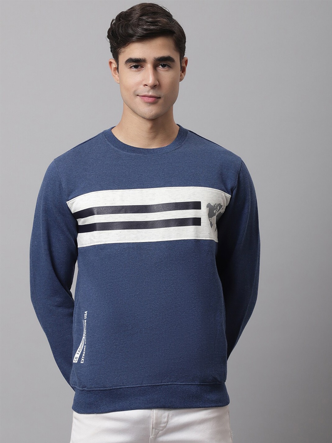 

Cantabil Men Blue Colourblocked Fleece Round Neck Sweatshirt