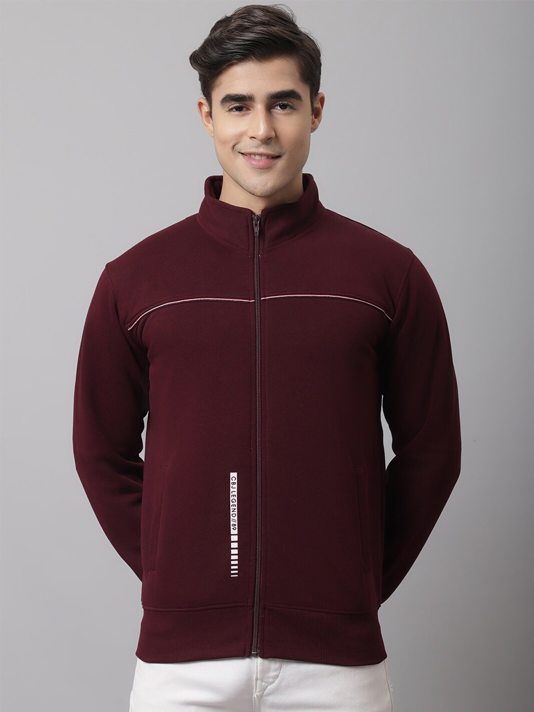 

Cantabil Men Burgundy Solid Fleece Front-Open Sweatshirt