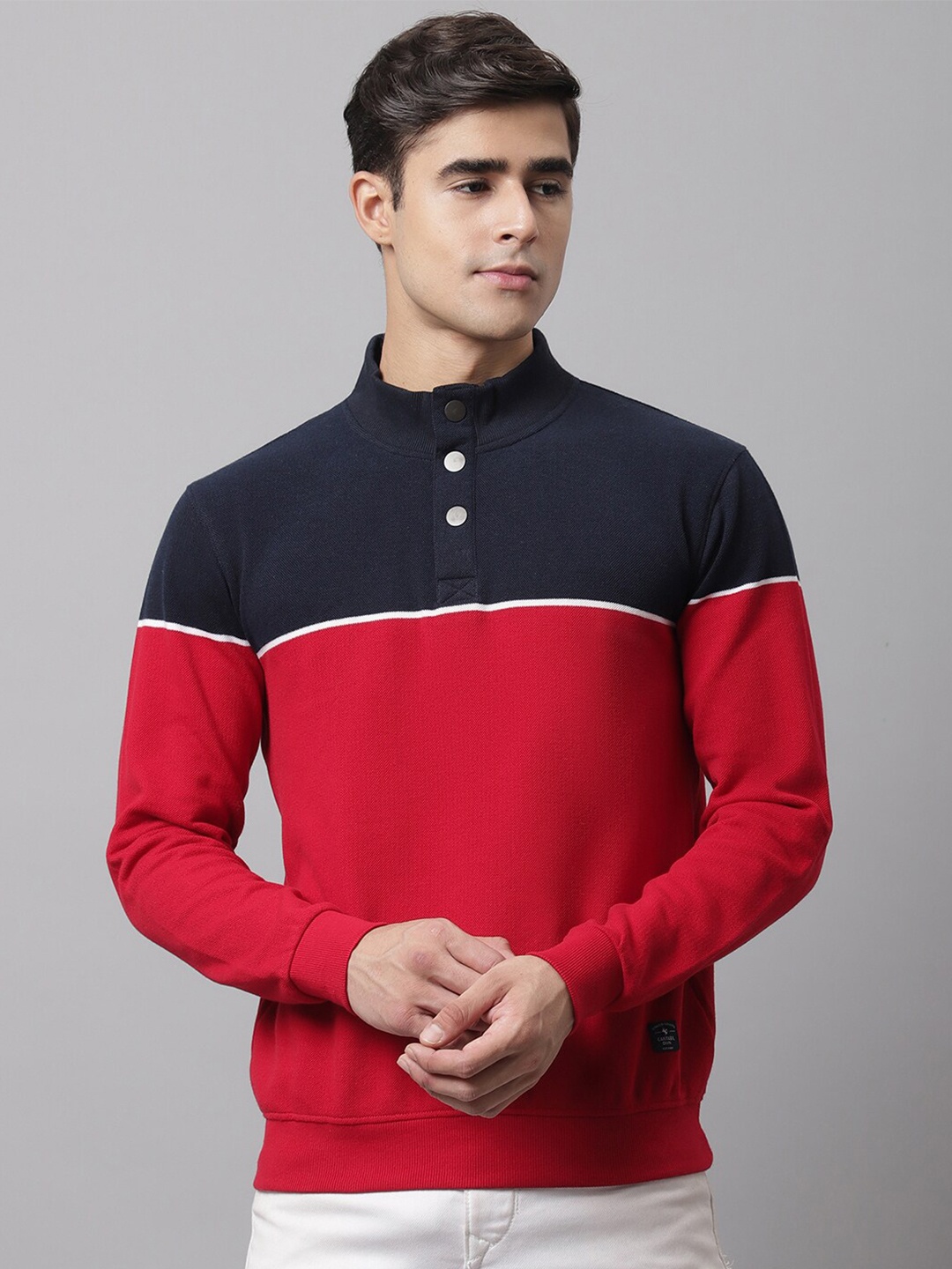 

Cantabil Men Red & Navy Blue Colourblocked Fleece Sweatshirt