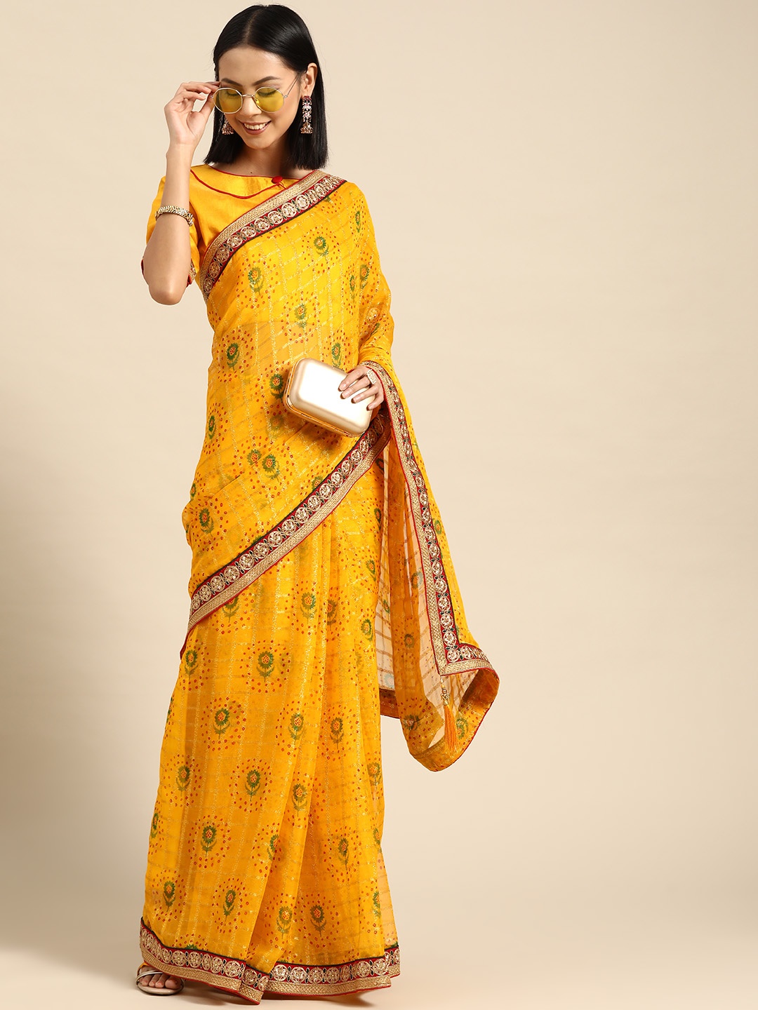 

RAJGRANTH Bandhani Printed Embroidered Saree, Yellow