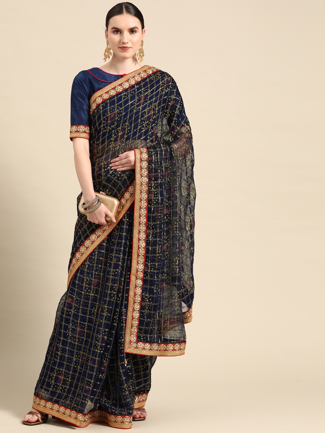 

RAJGRANTH Bandhani Printed Embroidered Saree, Blue