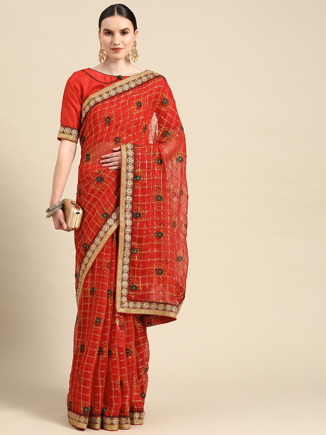 

RAJGRANTH Foil Print Embroidered Bandhani Saree, Red