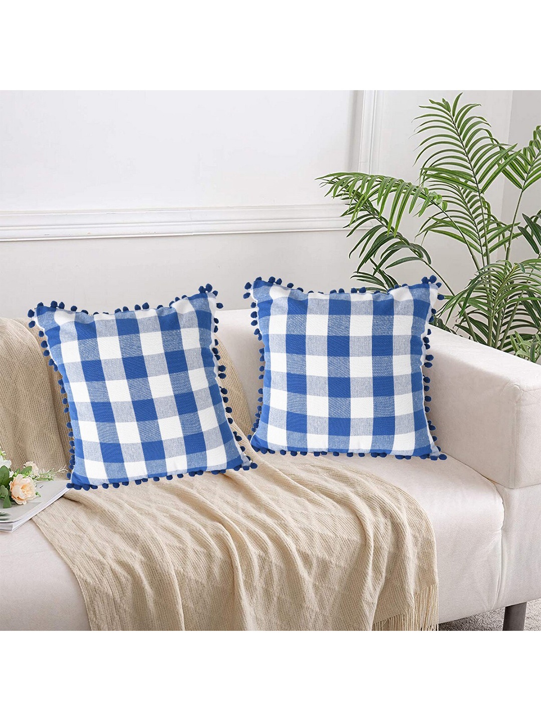 

Lushomes Blue & White Set of 2 Checked Square Cotton Cushion Covers