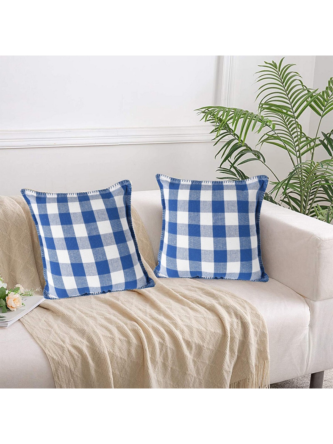 

Lushomes Blue & White Set of 2 Checked Cotton Square Cushion Covers