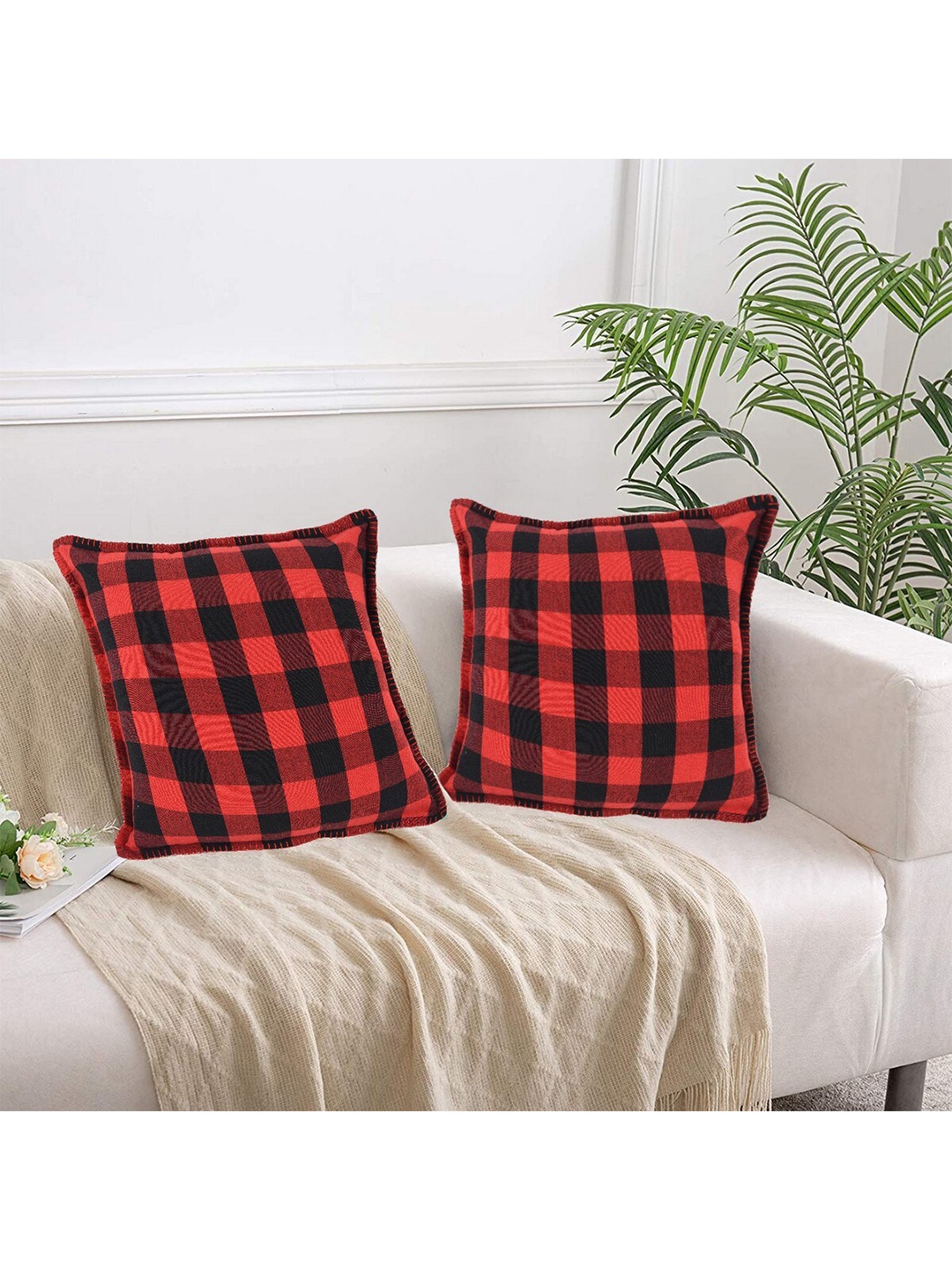 

Lushomes Red & Black Set of 2 Checked Cotton Square Cushion Covers