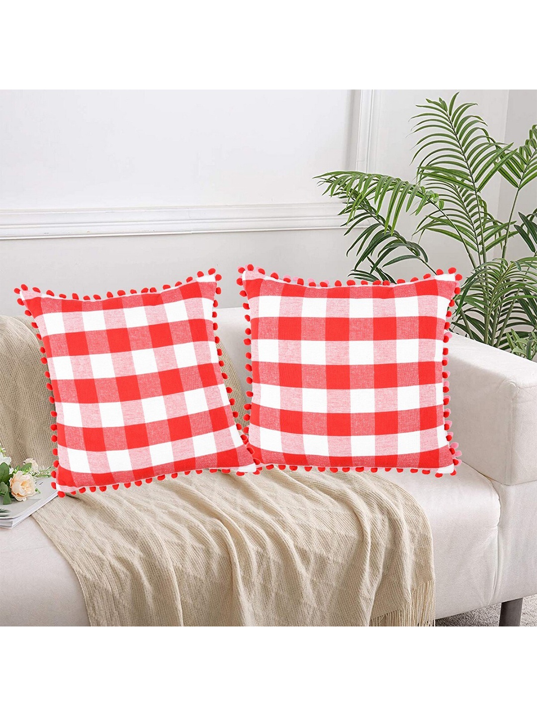 

Lushomes Red & White Set of 2 Checked Cotton Square Cushion Covers