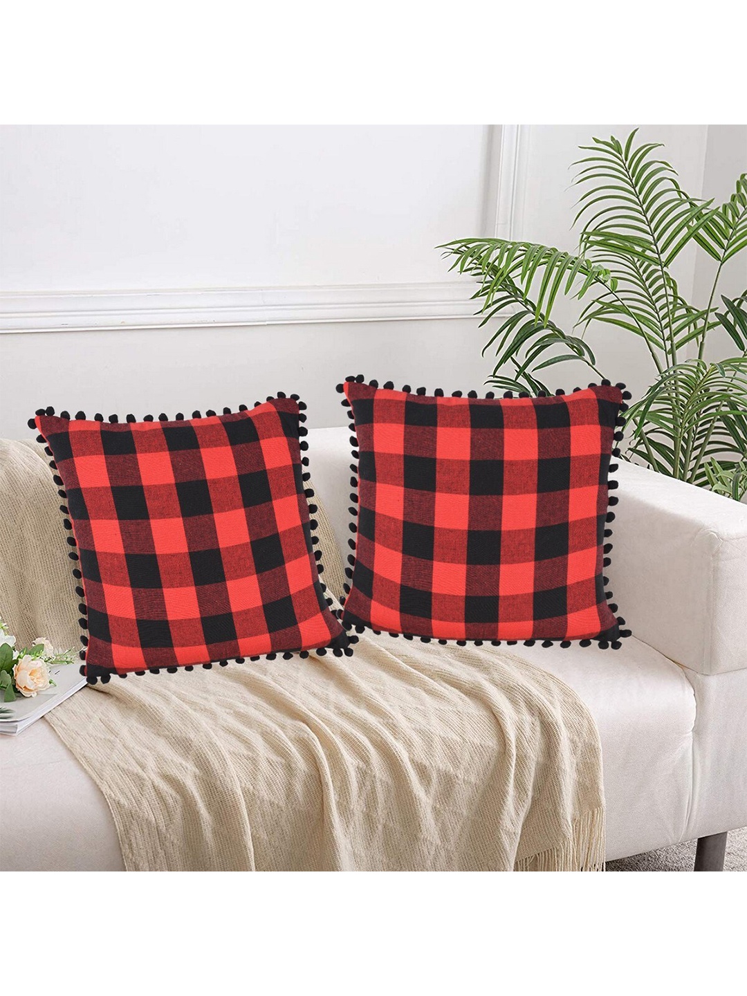 

Lushomes Red & Black Set of 2 Checked Cotton Square Cushion Covers