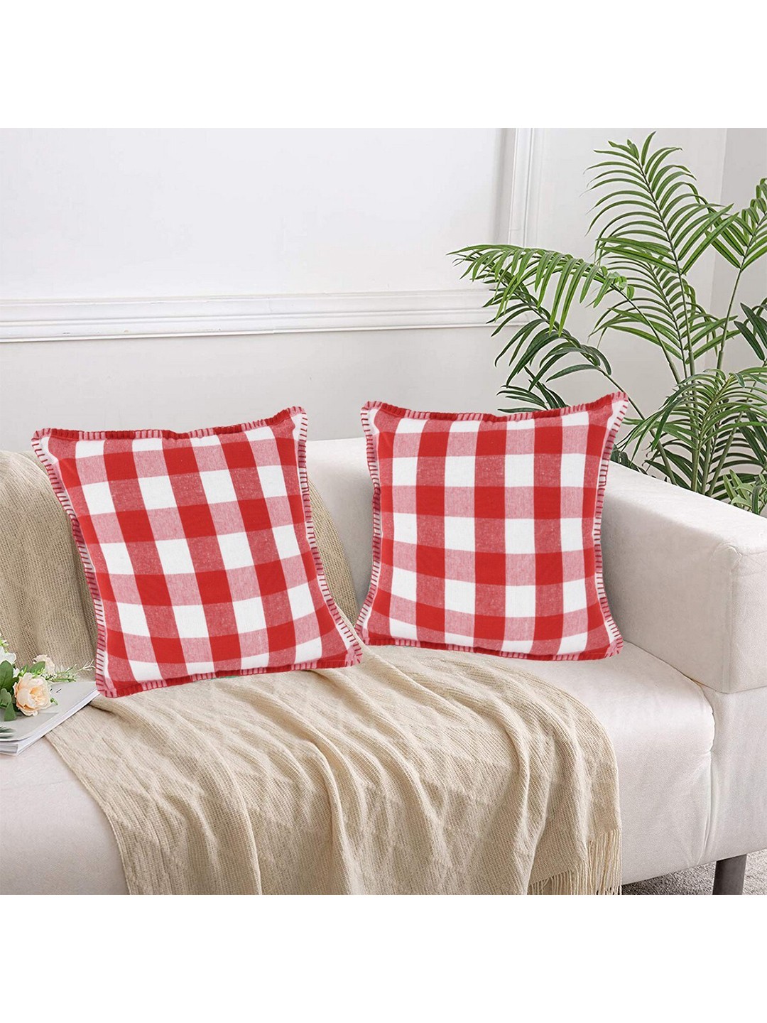 

Lushomes Red & White Set of 2 Checked Cotton Square Cushion Covers