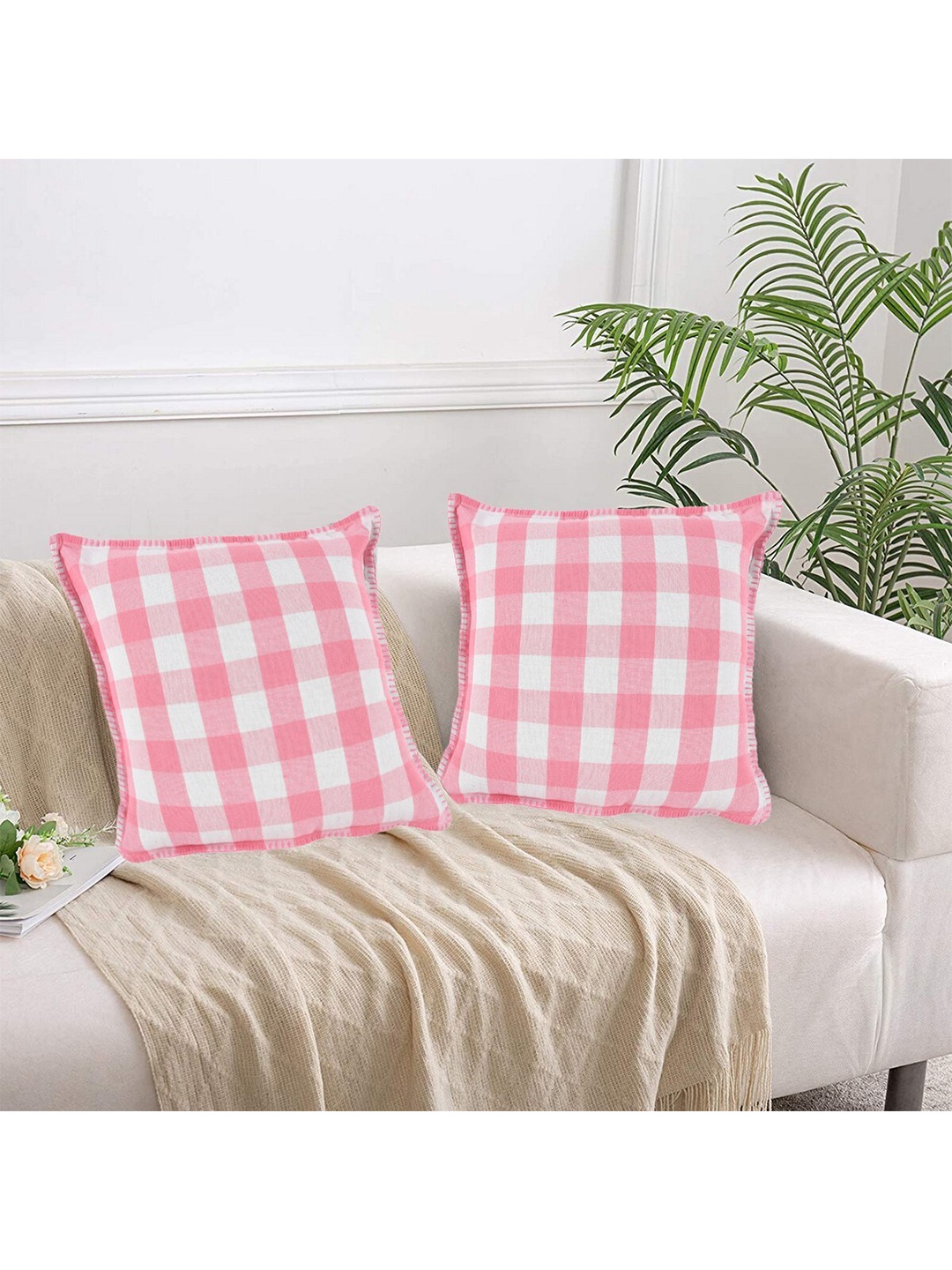 

Lushomes Pink & White Set of 2 Checked Cotton Square Cushion Covers