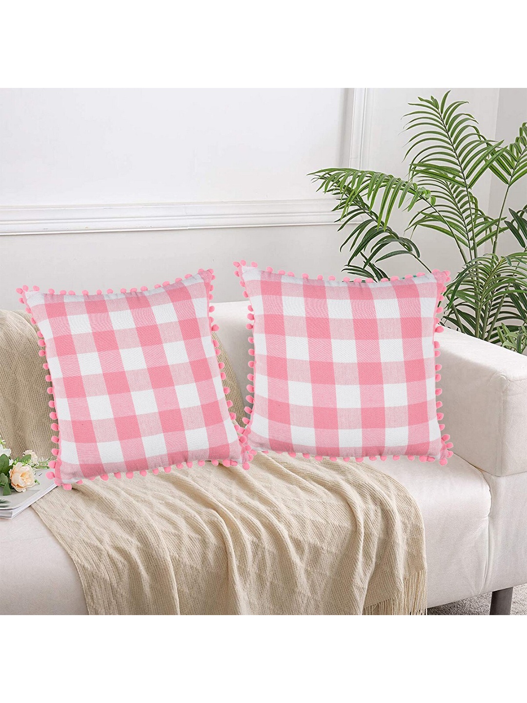 

Lushomes Pink & White Set of 2 Checked Cotton Square Cushion Covers