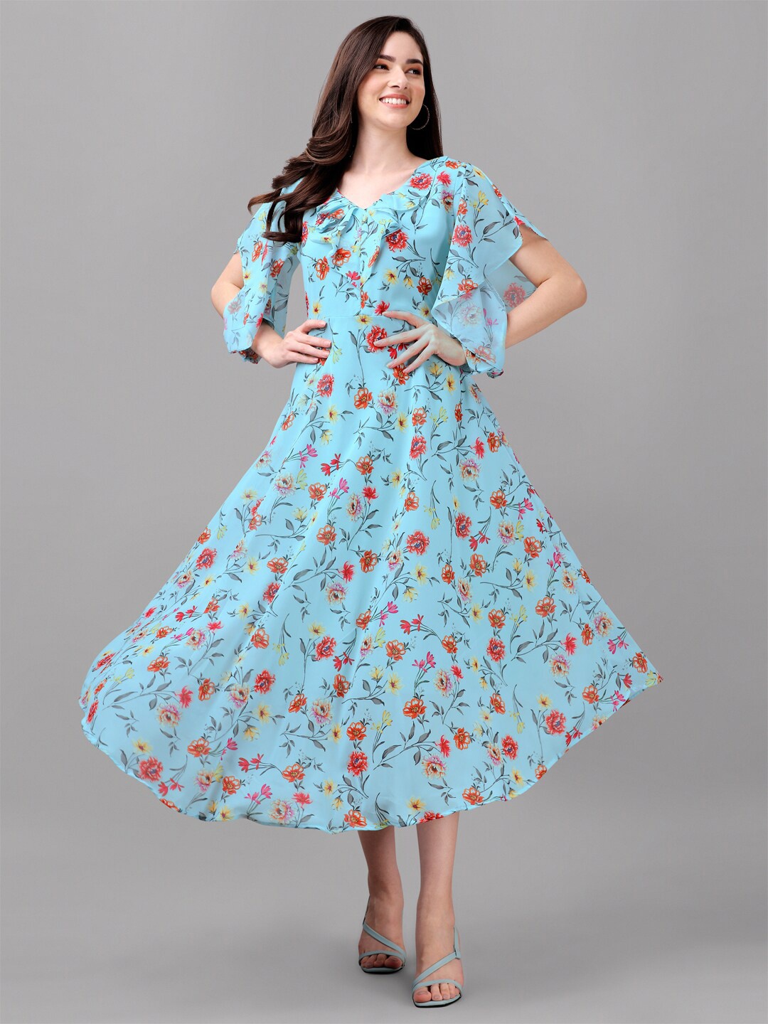 

GUFRINA Turquoise Blue & Red Floral Georgette Midi Dress