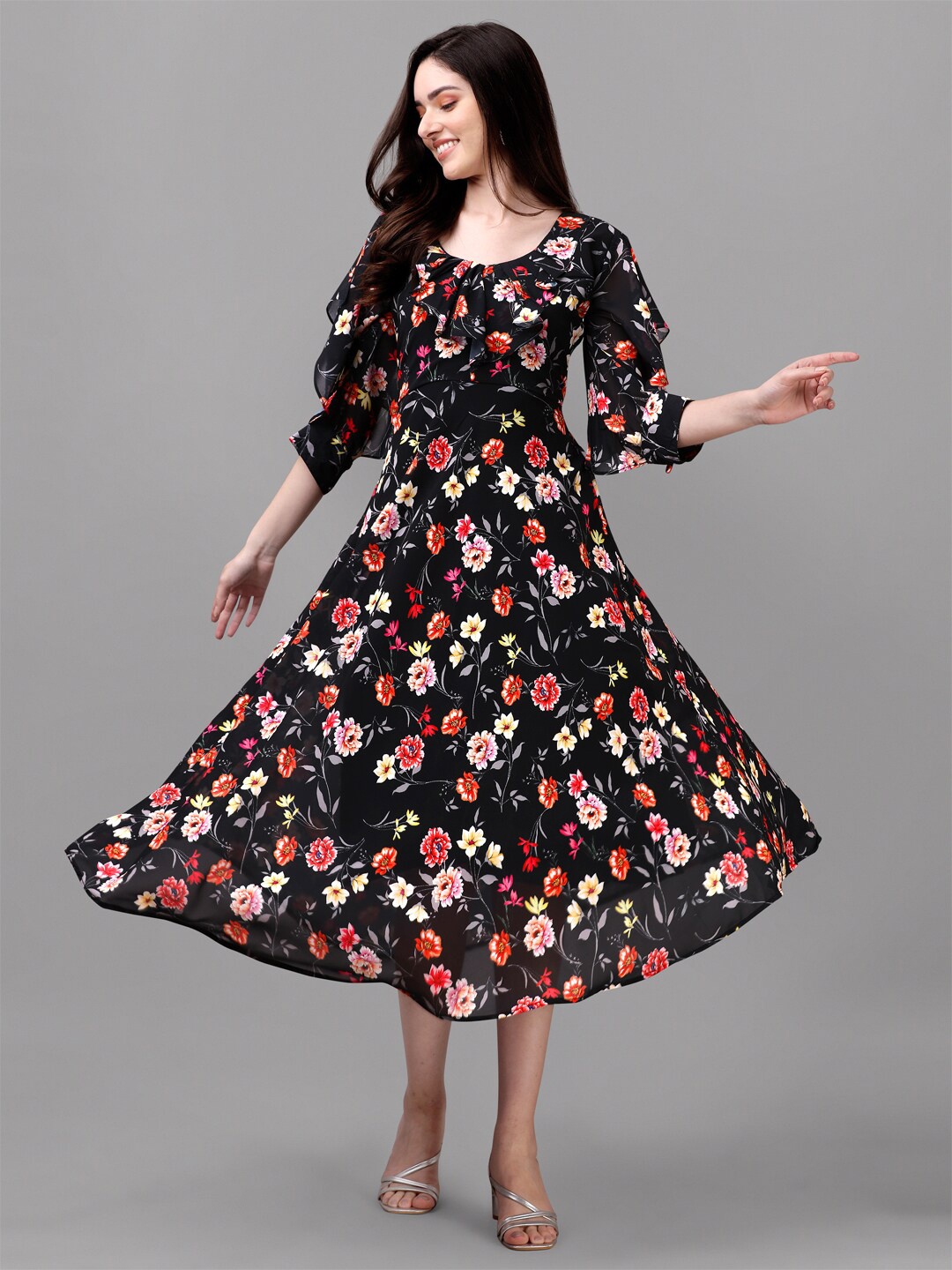 

GUFRINA Floral Printed Georgette Midi Dress, Black