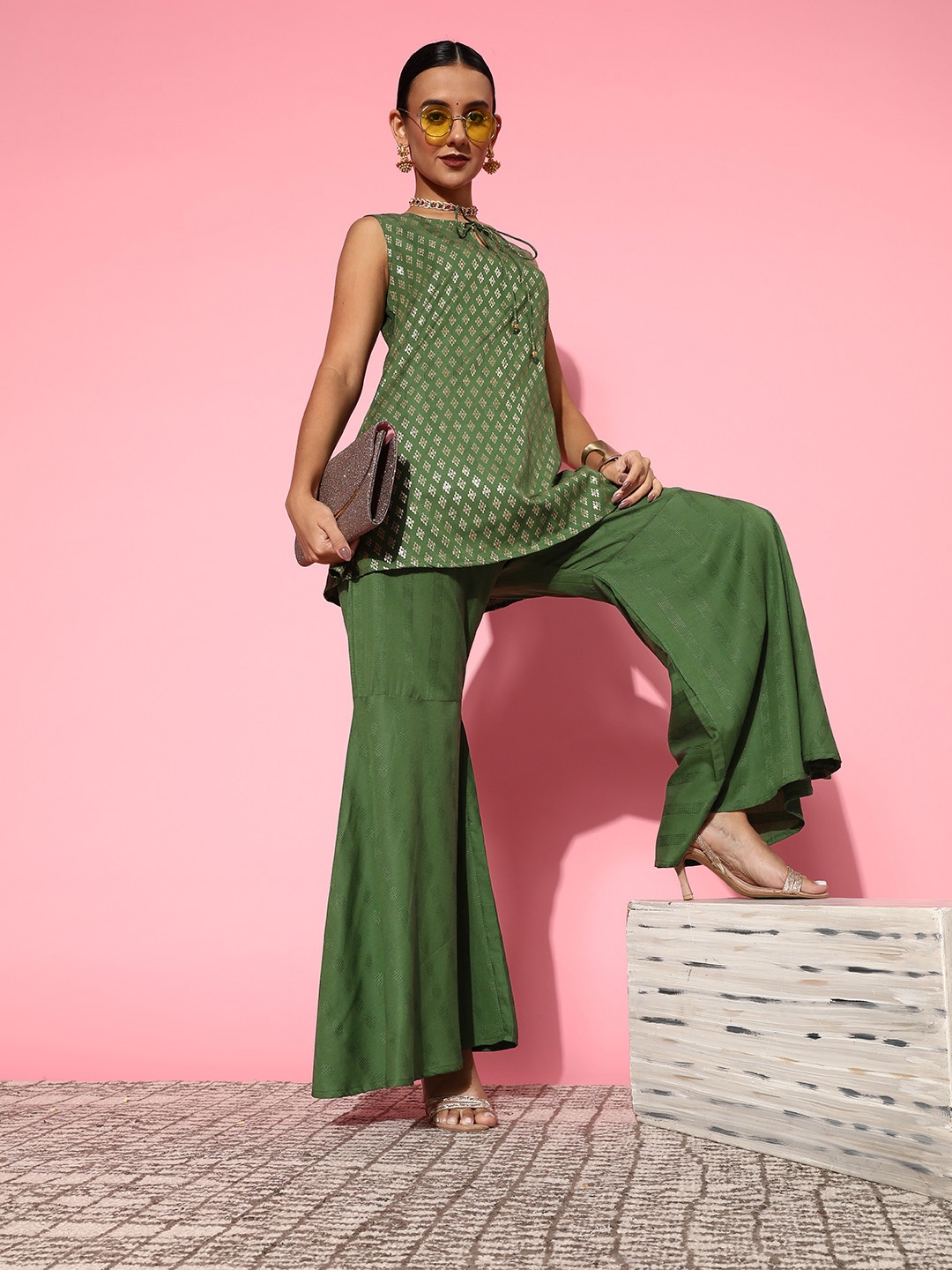 

Yufta Women Green Printed Top With Palazzos