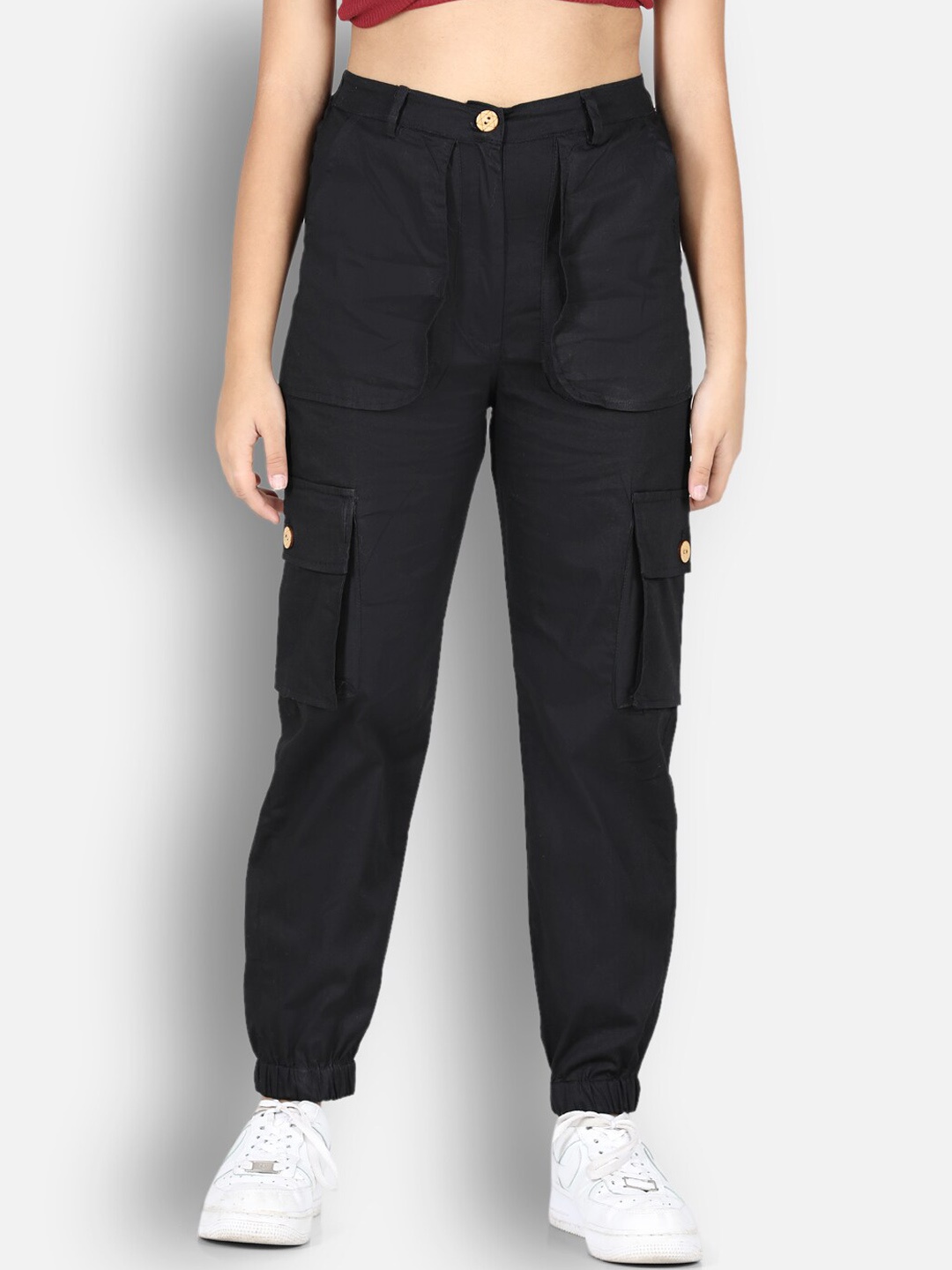 

Cutiekins Girls Black High-Rise Cargos Trouser