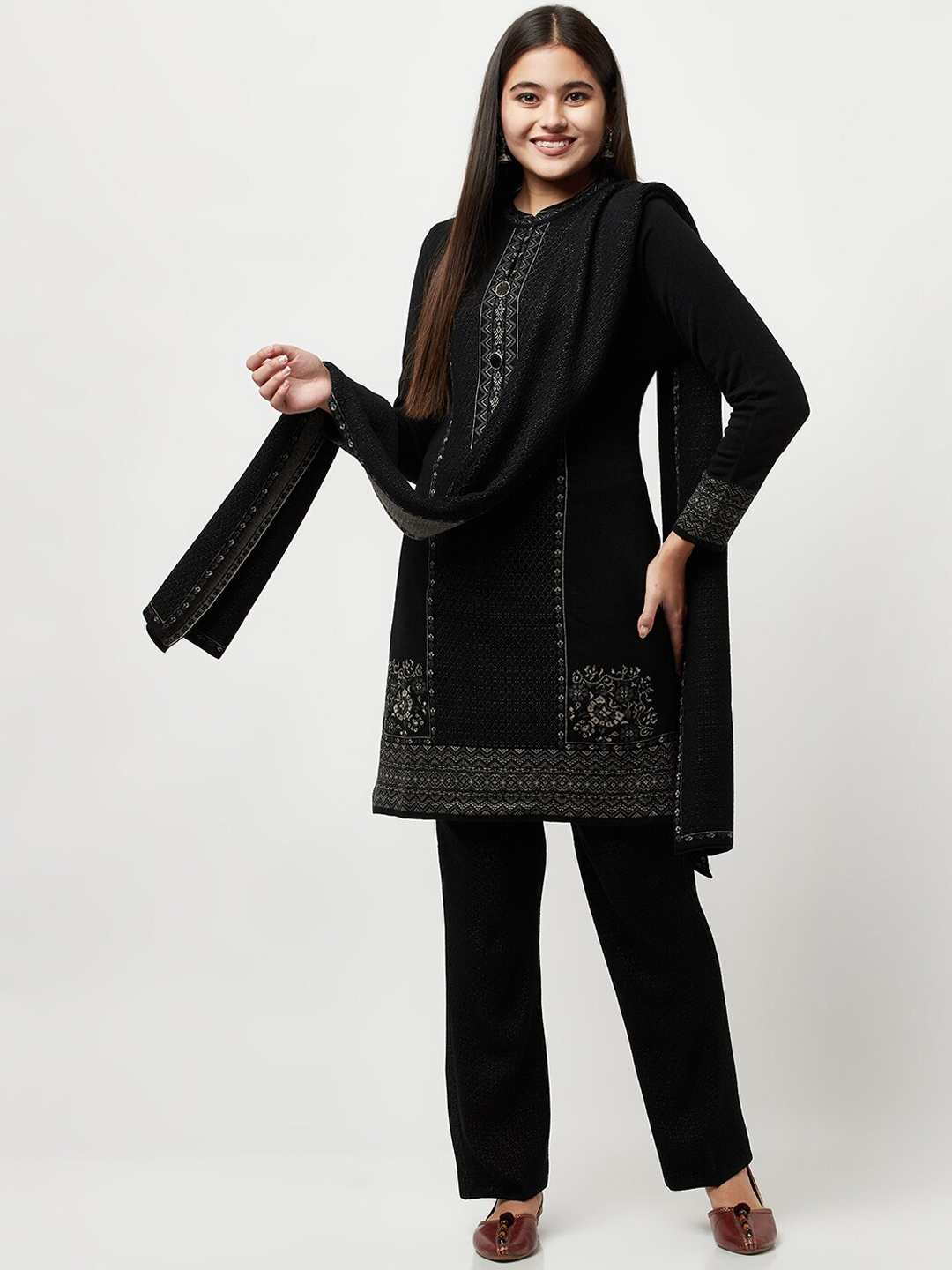 

Knitstudio Women Black Ethnic Motifs Kurti with Trousers & With Dupatta