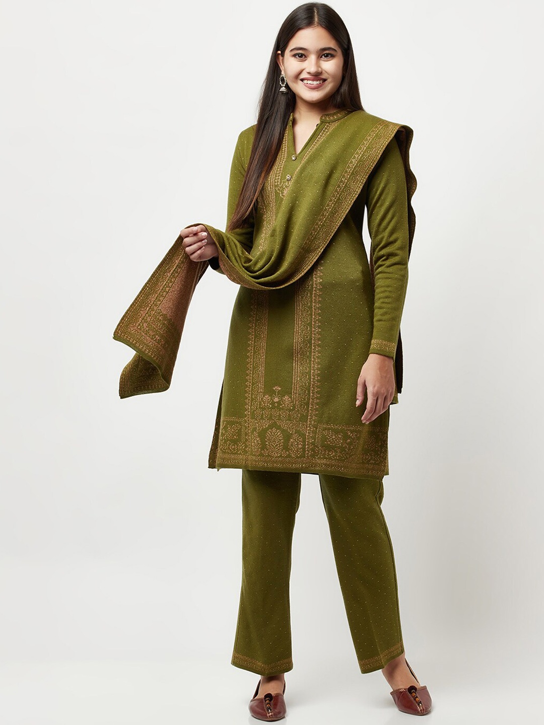 

Knitstudio Women Olive Green Ethnic Motifs Kurta with Trousers & With Dupatta