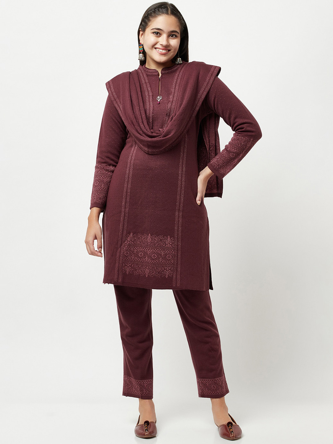 

Knitstudio Women Purple Ethnic Motifs Kurta with Trousers & With Dupatta