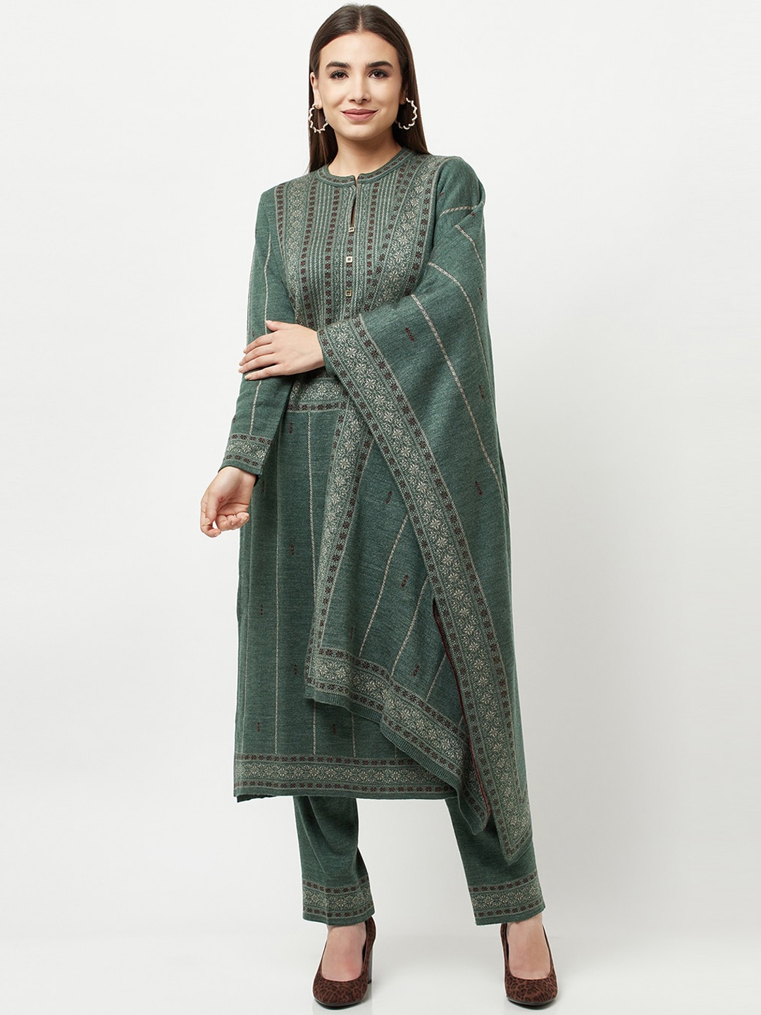 

Knitstudio Women Green Ethnic Motifs Kurta with Trousers & With Dupatta