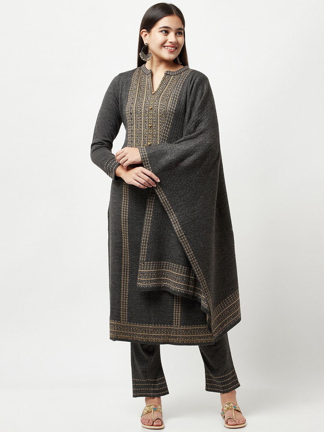 

Knitstudio Women Grey Ethnic Motifs Kurta with Trousers & With Dupatta