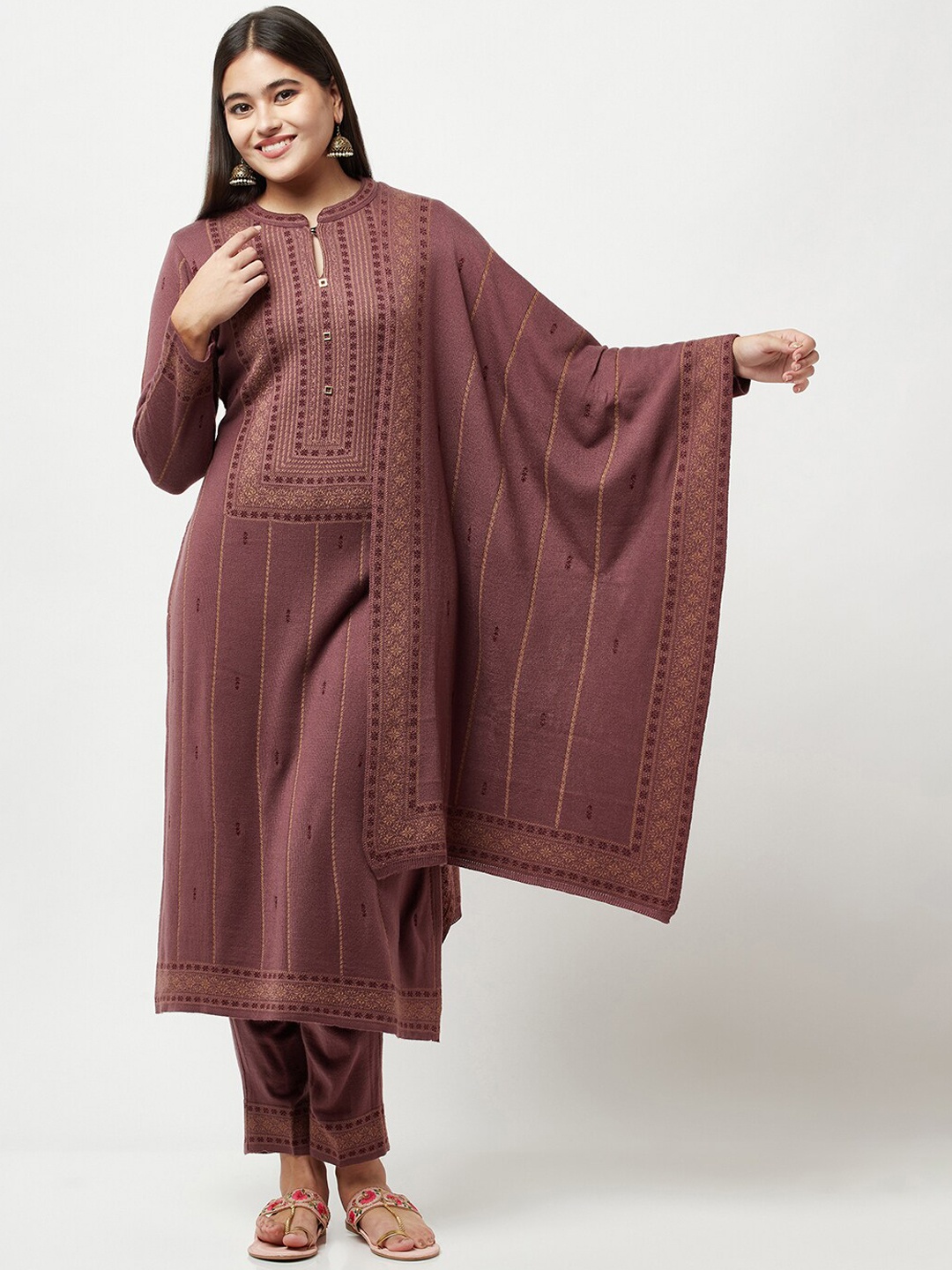 

Knitstudio Women Purple Ethnic Motifs Kurta with Trousers & With Dupatta
