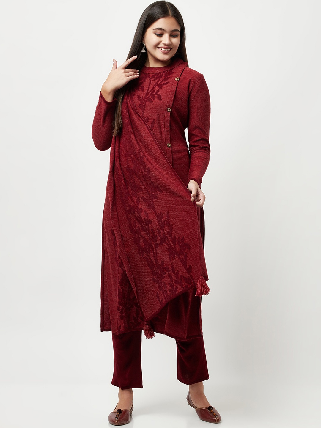 

Knitstudio Women Maroon Floral Kurta with Trousers & With Dupatta