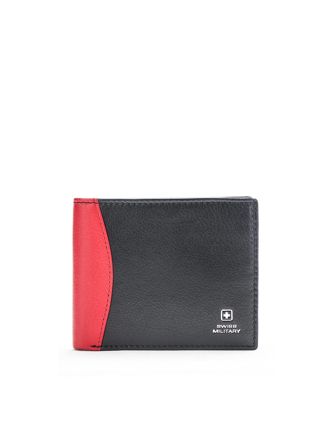 

SWISS MILITARY Men Black & Red Colourblocked Leather Two Fold Wallet