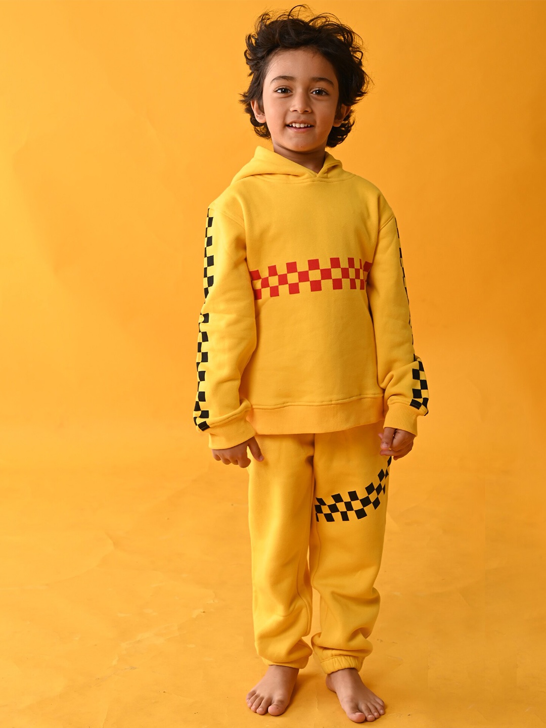 

Anthrilo Boys Checkboard Fleece Hooded Sweatshirt with Joggers, Yellow