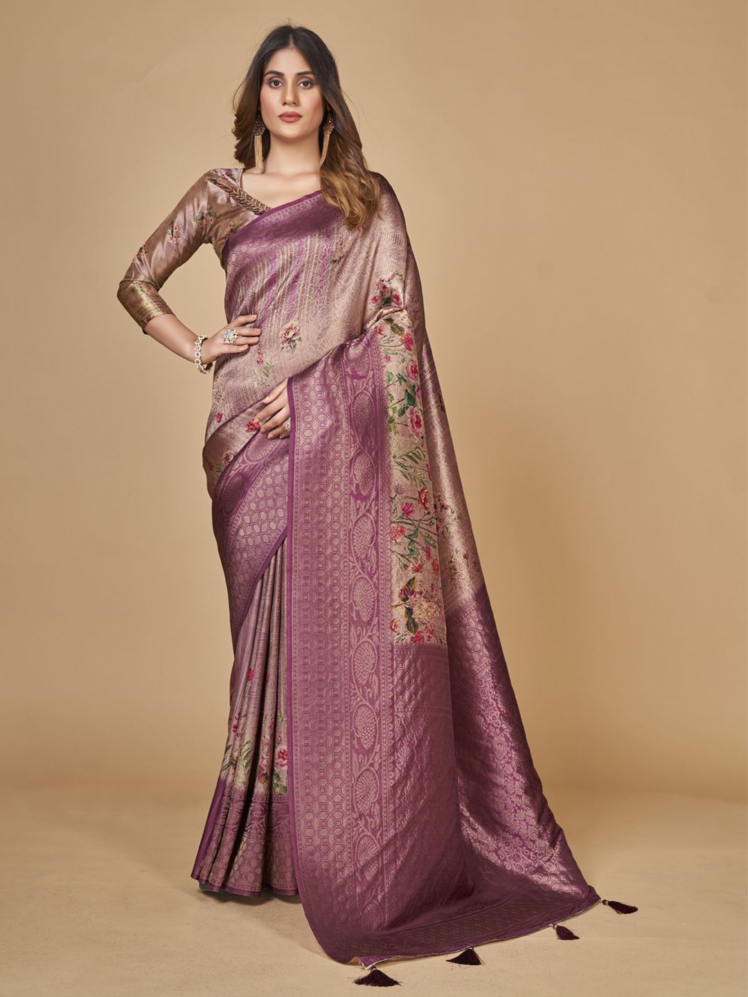 

Mitera Purple & Gold-Toned Floral Zari Banarasi Saree