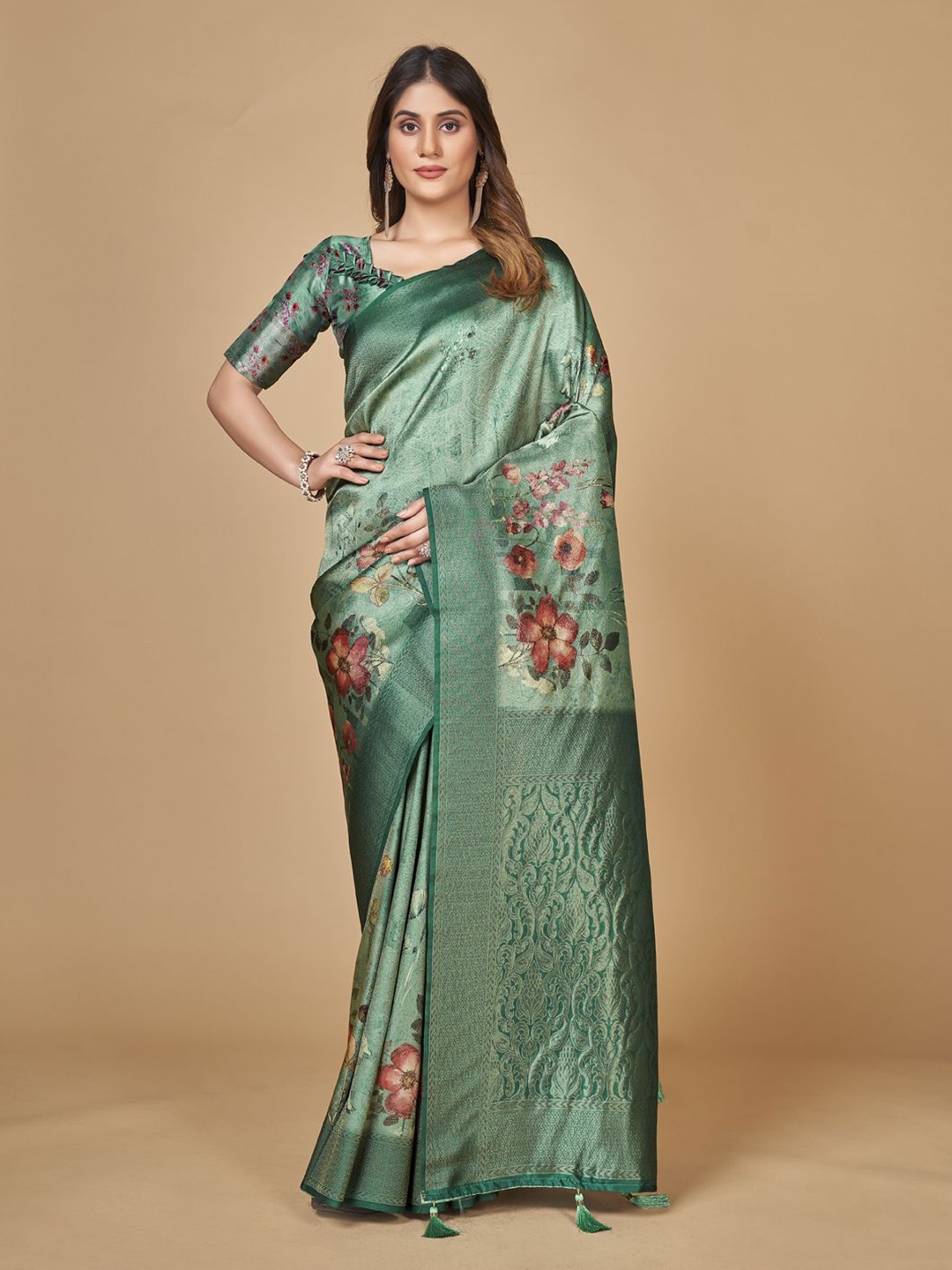 

Mitera Blue & Red Floral Zari Banarasi Saree