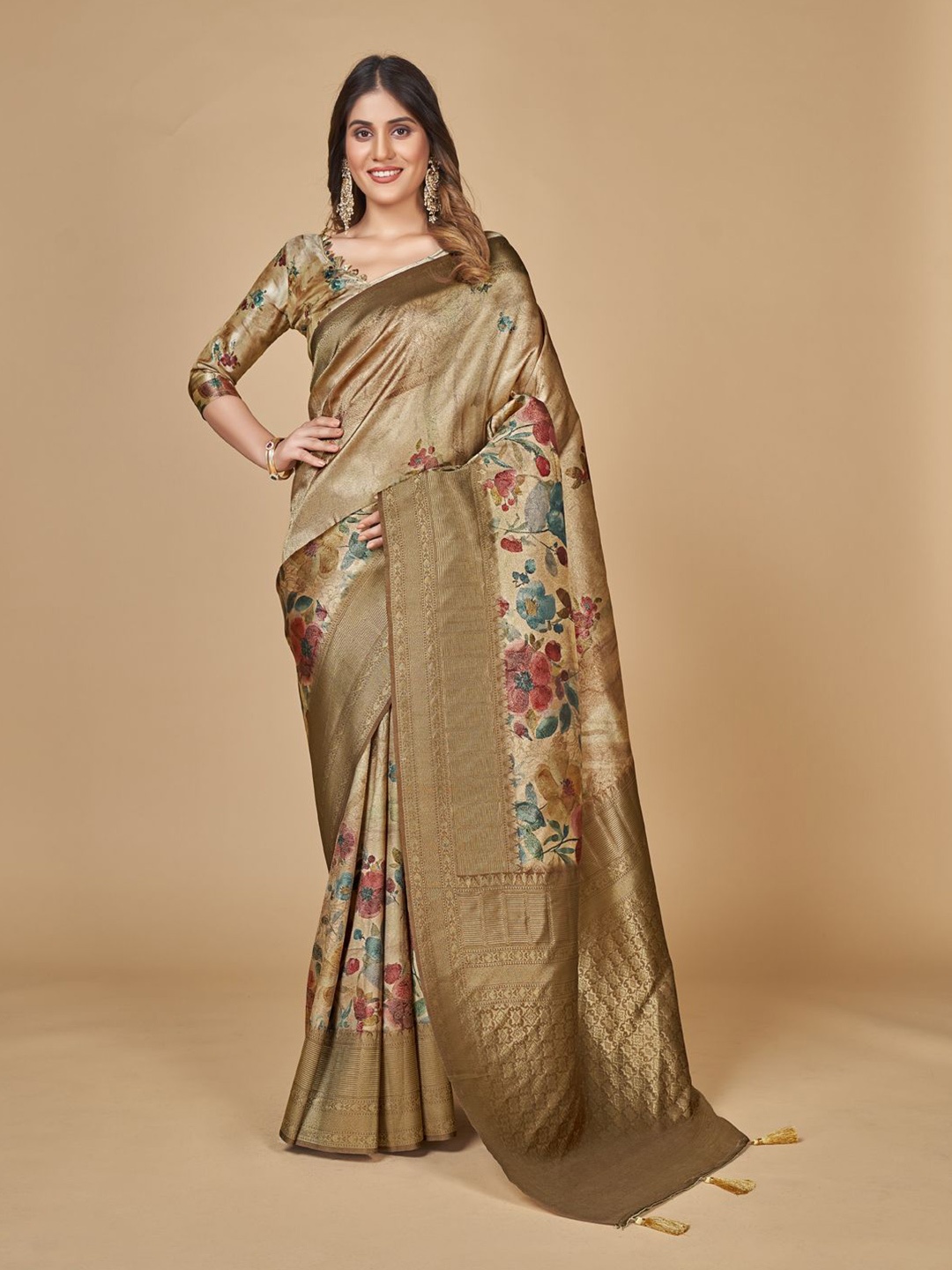 

Mitera Mustard & Gold-Toned Floral Zari Banarasi Saree