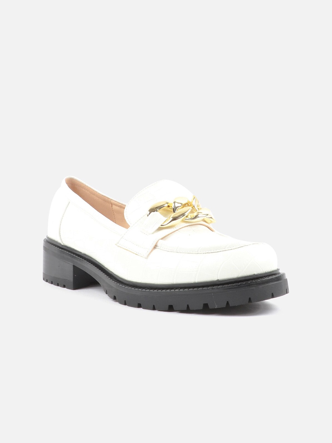 

Carlton London Women Off White & Gold Textured Synthetic Patent Slip-On Loafers