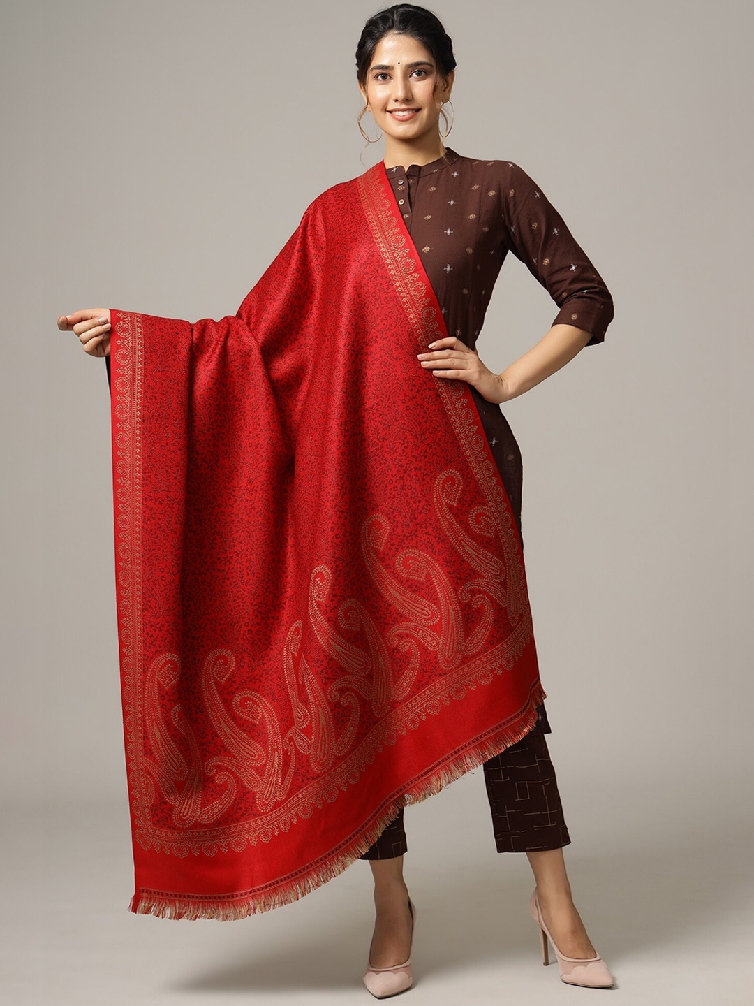 

HANDICRAFT PALACE Women Red Woven Design Wool Shawl