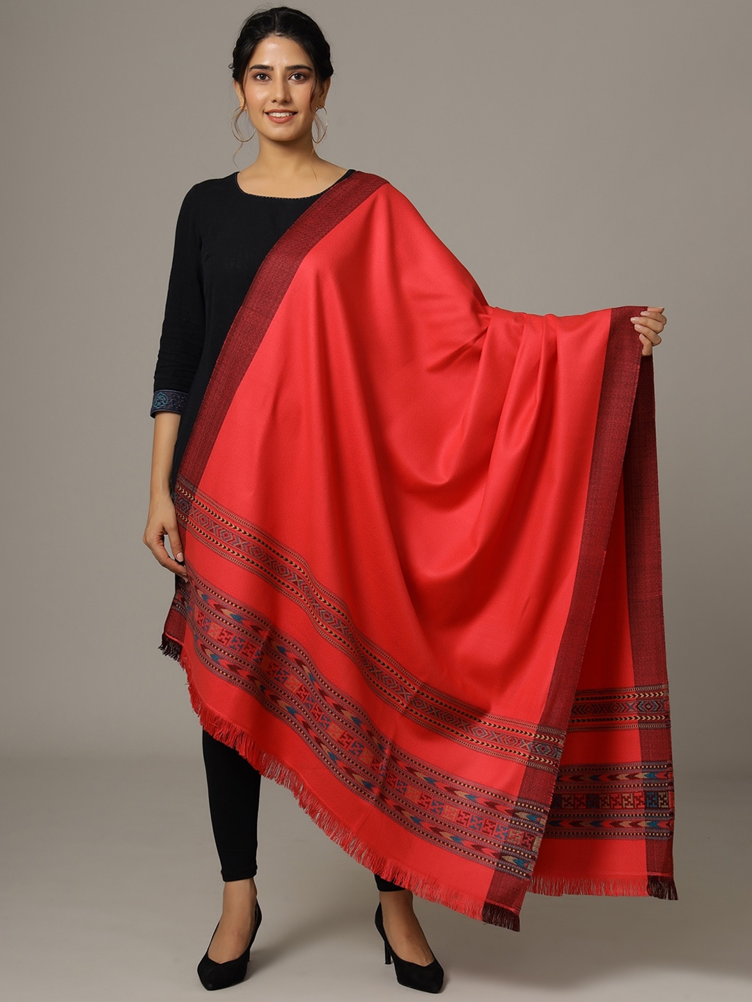 

HANDICRAFT PALACE Women Woven Design Shawl, Red