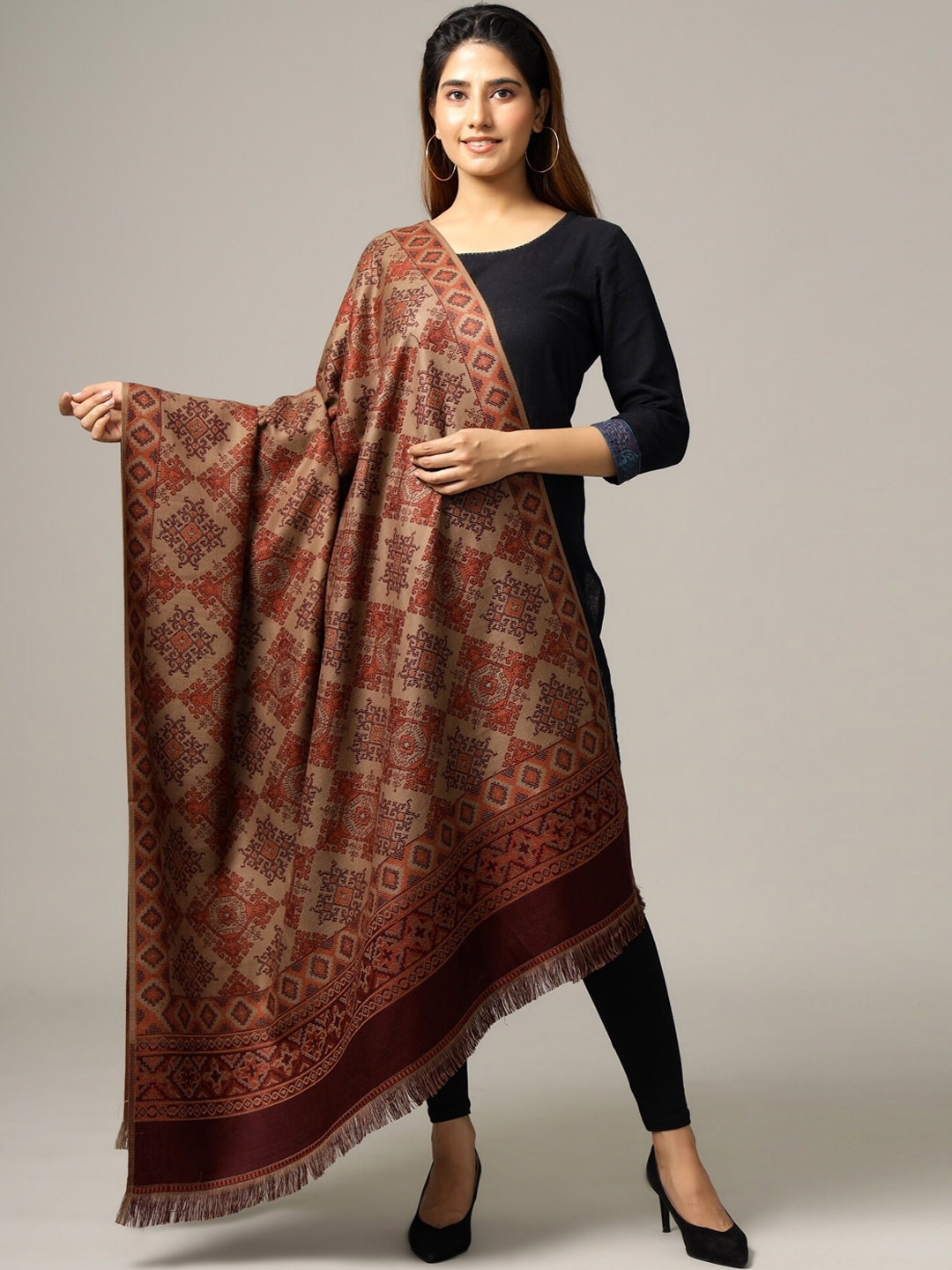 

HANDICRAFT PALACE Women Brown Woven Design Jamawar Shawl