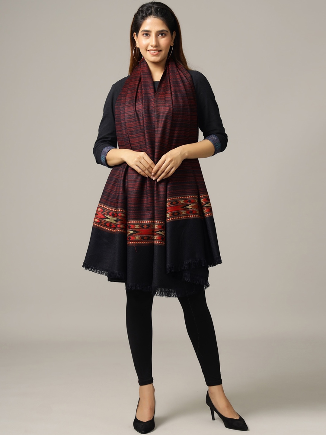 

HANDICRAFT PALACE Women Black & Red Striped Hand Woven Design Wool Shawl