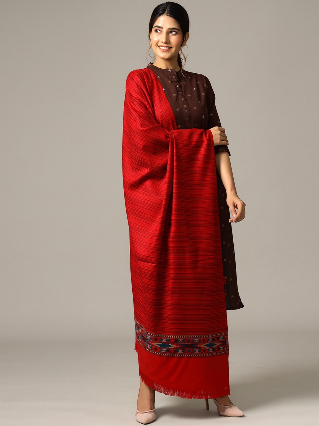 

HANDICRAFT PALACE Women Red Stripe Woven-Design Shawl