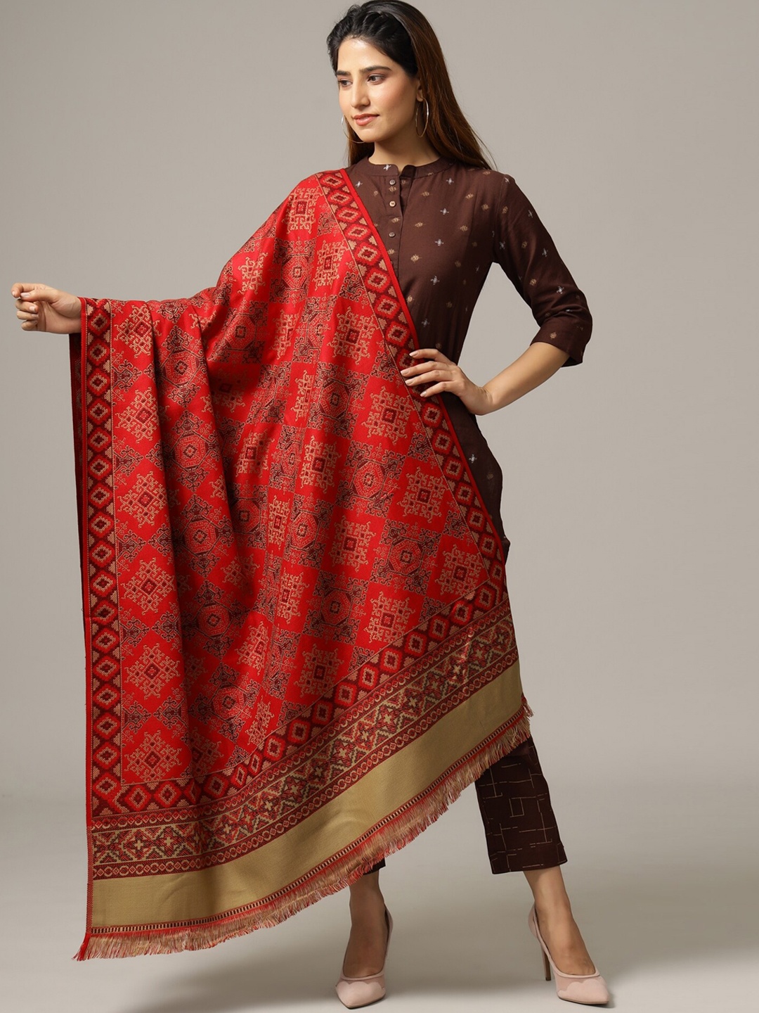

HANDICRAFT PALACE Women Red Paisley DesignJamawar Shawl