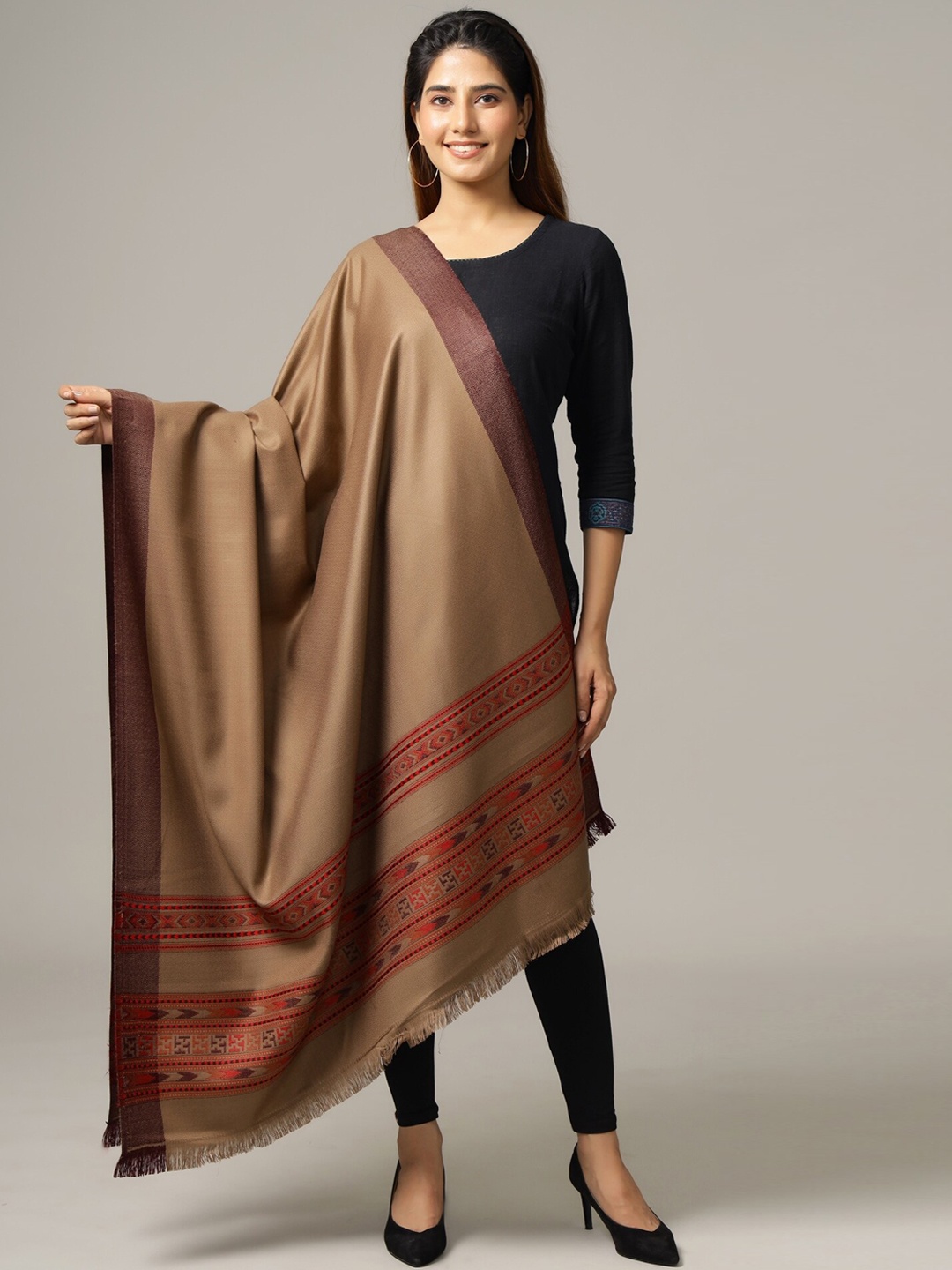 

HANDICRAFT PALACE Women Brown Solid Woven-Design Shawl