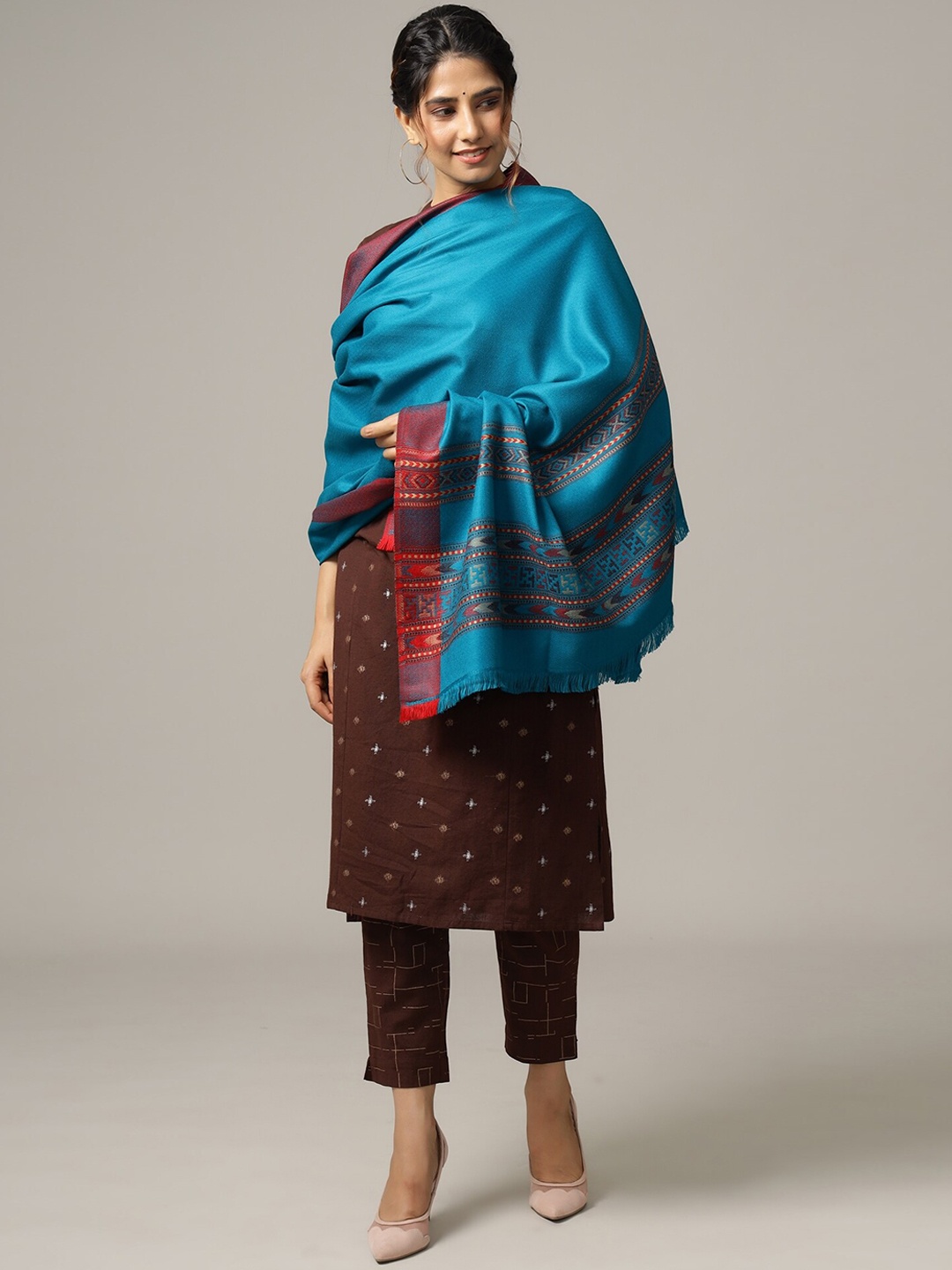 

HANDICRAFT PALACE Women Turquoise Blue & Red Woven Design Shawl